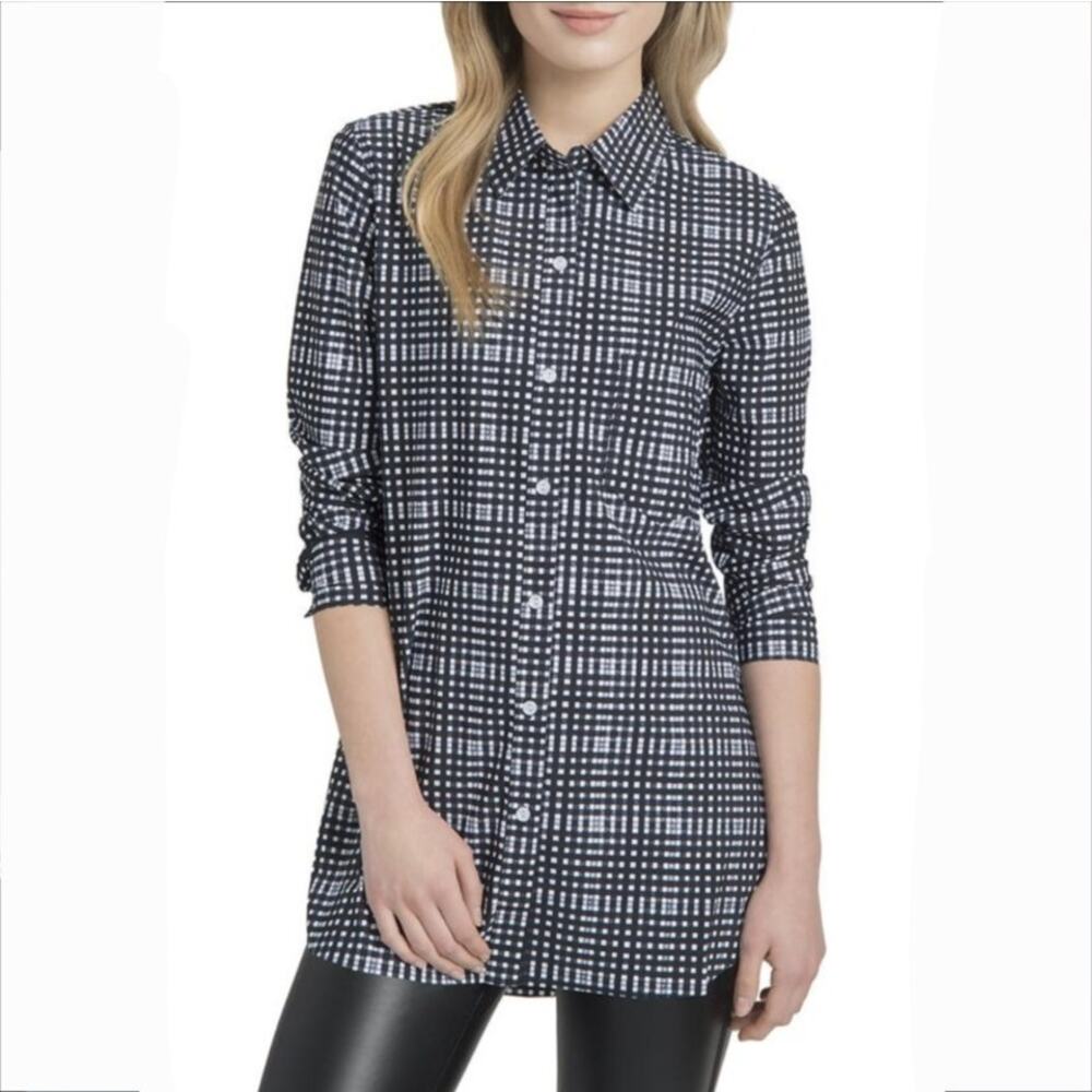 Lysse Women Black White Plaid Stretch Button Shirt S Classic Easy Wear Care NEW